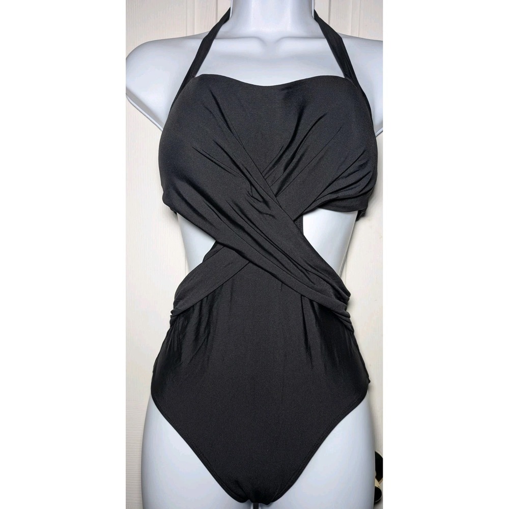 Anthropology Mermaid One Piece Bathing Suit Swimsuit Black Cross Halter Slimming